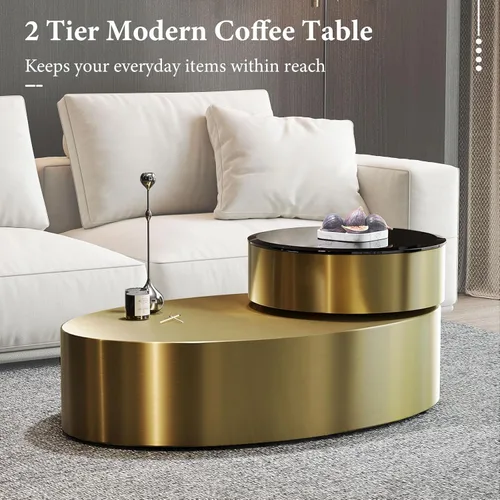 Vista 6 de Mesa auxiliar giratoria ovalada dorada, mesa central de lujo moderna de 2 niveles con parte superior redonda giratoria de 360°, mesa de té con base