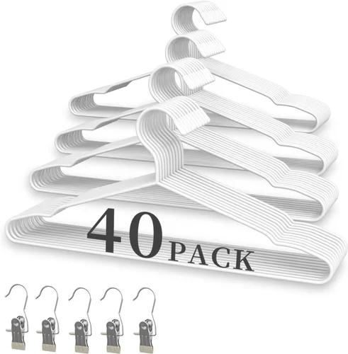 Vista 10 de Juego de 40 perchas + 5 clips, perchas de metal negro mate resistentes de 16.69 pulgadas, soporta 50 libras de peso, acabado con recubrimiento