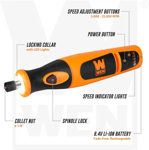 Vista 4 de WEN 23072 Kit de herramientas rotativas inalámbricas de iones de litio de velocidad variable con juego de accesorios de 24 piezas, cargador