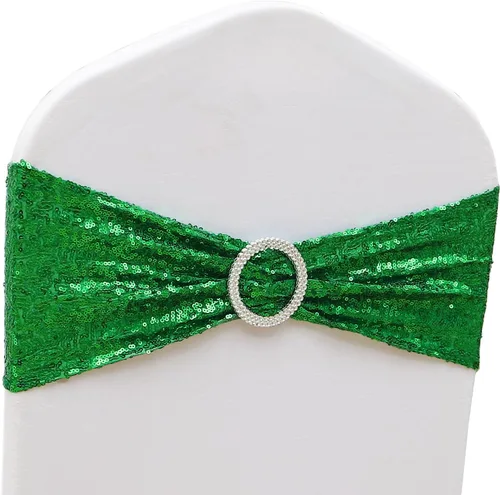 Vista 11 de Paquete de 50 bandas de lentejuelas doradas para silla, con purpurina, con hebilla para bodas, fiestas de cumpleaños, despedidas de soltera