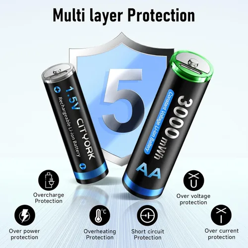 Vista 8 de CITYORK Baterías recargables AA de litio de 3000 mWh, paquete de 8 baterías recargables USB de 1.5 V doble A con cable USB-C, carga rápida de 2