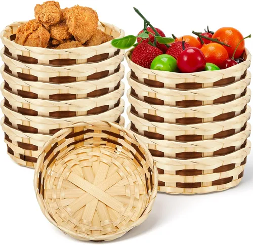 Vista 9 de Sintuff Paquete de 10 cestas tejidas redondas de bambú, cestas de regalo de mimbre, bayas, pan de frutas, cestas vacías para servir alimentos