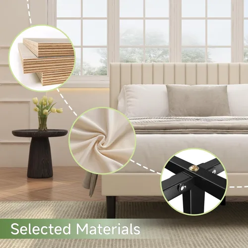 Vista 5 de Base de cama de plataforma tamaño Queen con cabecera capitoné de canal vertical, no necesita somier, sin ruido, fácil montaje, terciopelo beige