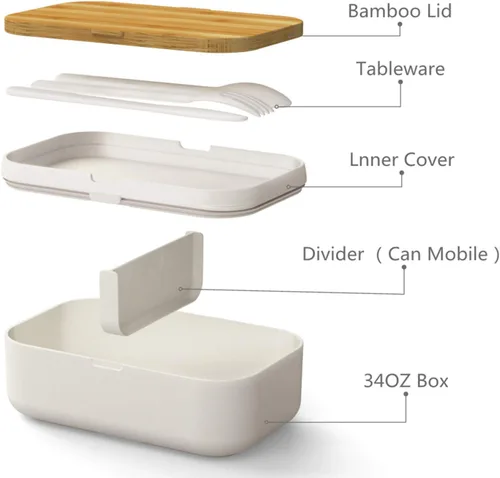 Vista 3 de Bento Box - Lonchera de bambú para adultos, a prueba de fugas, hermética, sin BPA, color blanco