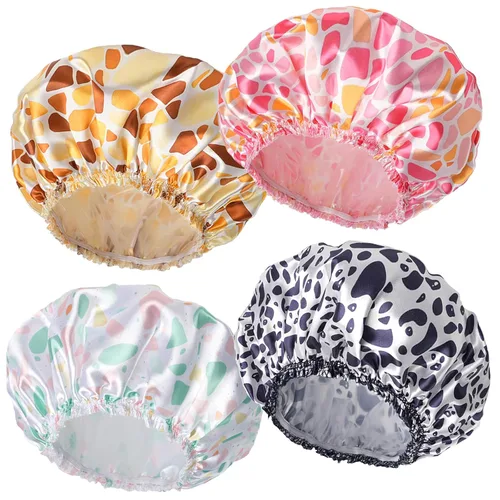 Vista 25 de Gorras de ducha para mujer, 4 piezas de gorros de baño elásticos y reutilizables, gorro de ducha de doble capa reutilizable e impermeable, gorros