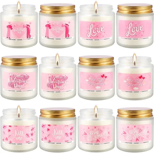 Vista 5 de Velas aromáticas rosas para el día de San Valentín, 12 unidades de 3.5 onzas cada uno, aceites esenciales naturales de plantas y mecha de algodón