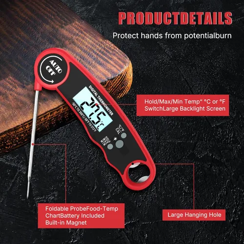 Vista 5 de Termómetro digital de carne para parrilla, termómetro digital de lectura instantánea para alimentos, sonda de cocción impermeable, pantalla LCD
