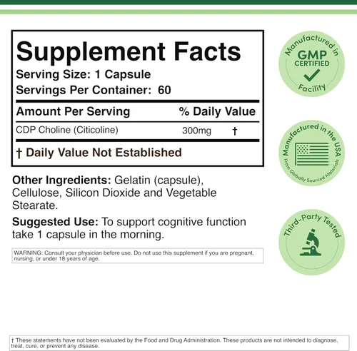 Vista 2 de Suplemento de CDP (citicolina), de grado farmacéutico, fabricadas en Estados Unidos (60 cápsulas de 300 mg)