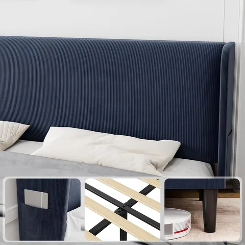 Vista 4 de Marco de cama tapizado tamaño King con cabecera de ala, marco de cama de plataforma con cabecero, soporte de listones de madera, sin ruido, azul