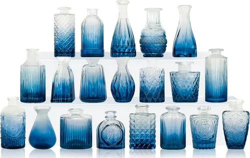 Vista 22 de KOIUEYW Juego de 24 jarrones de vidrio ámbar dorado, jarrones pequeños vintage para flores, estilo mini de cristal transparente a granel, pequeños