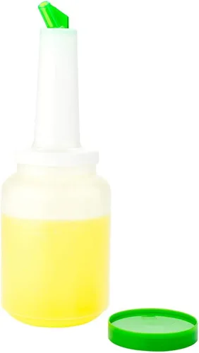 Vista 17 de Restaurantware Botella de plástico de 1 cuarto de galón de almacenamiento con boquilla azul y tapa, botella de almacenamiento de barra, 3 1/2 x 3