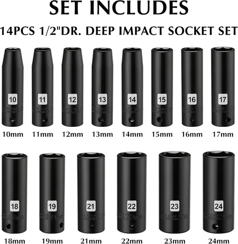 Vista 2 de EMENTOL Juego de llaves de vaso de impacto profundo de 1/2", métricas, 6 puntos, CR-V, 14 piezas de 1/2 pulgada Dr. Deep Socket Set, 0.394 in