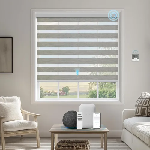 Vista 11 de Persianas motorizadas de cebra compatibles con Alexa Google Smart de doble capa, persianas eléctricas horizontales con control remoto, tamaño 95%