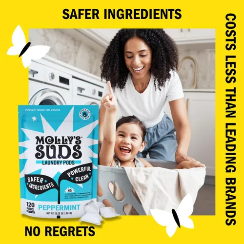 Vista 3 de Molly's Suds Cápsulas de detergente para ropa Detergente limpio para pieles sensibles Ultra concentrado y combate las manchas Menta - 60