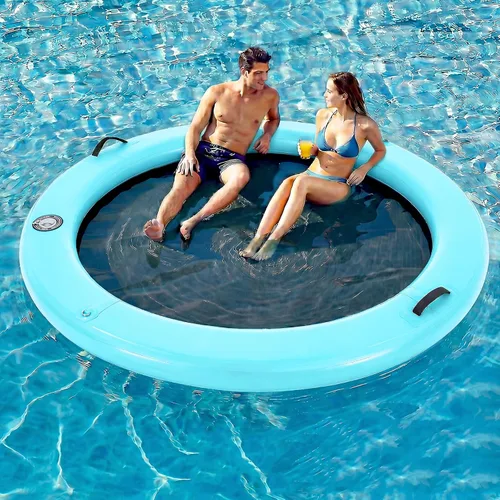 Vista 12 de 6-12FT Round Inflatable Floating Dock, Sunchill Float Ring, Water Hammock Tanning Pool Floats with Woven Fabric, Manual Pump for Quick
