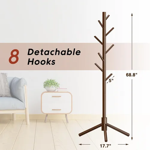 Vista 29 de Perchero independiente con 8 ganchos, 3 alturas ajustables para ropa, sombreros, bolsos, percheros de fácil montaje para entrada, dormitorio, Negro