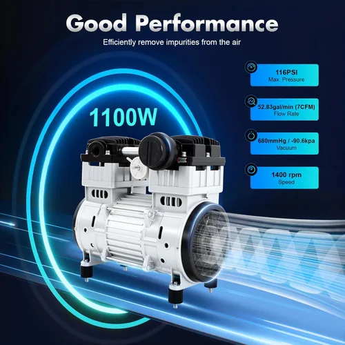 Vista 2 de Bomba de vacío de diafragma sin aceite 7CFM, cabezal de compresor eléctrico de 1100 W, recuento de motor de silencio de aire pequeño, bomba de vacío