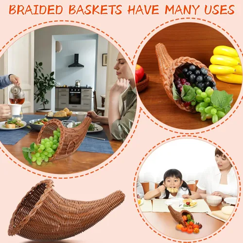 Vista 6 de HOMSFOU Cornucopia - Cestas de cuerno de imitación de vid de otoño, frutas de Acción de Gracias, cesta de cornucopia, bocina de pan para centro