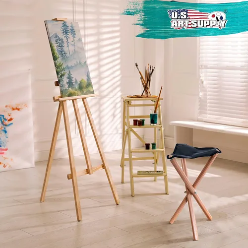 Vista 2 de US Art Supply - Taburete plegable de madera de tres patas con asiento de cuero