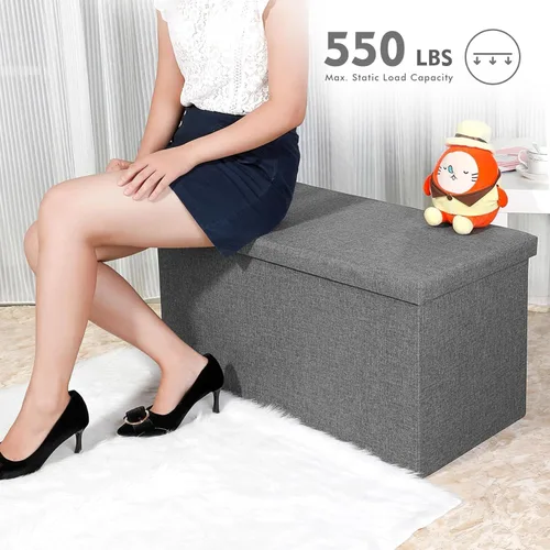 Vista 5 de B FSOBEIIALEO - Reposapiés otomano plegable de lino con espacio de almacenamiento, también utilizable como mesa de café