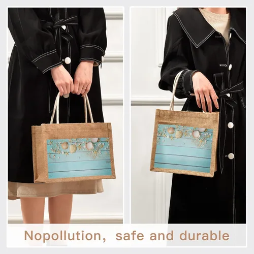 Vista 5 de CaTaKu Bolsa de yute de madera marina con asas y cremallera, bolsa de arpillera reutilizable para compras con bolsillo frontal de lona para viajes