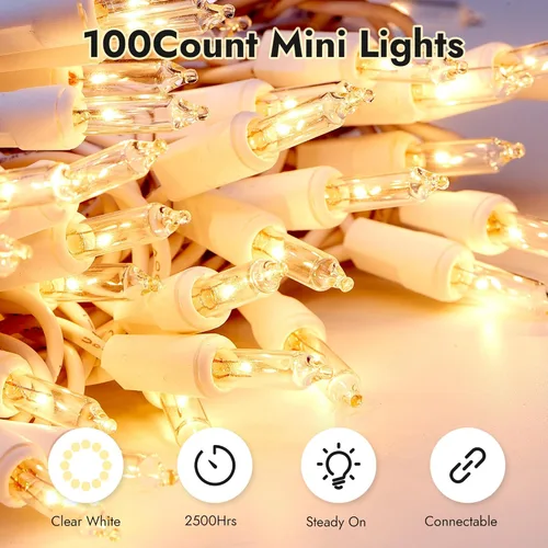 Vista 2 de Dirnun Luces de Navidad de color blanco transparente, 100 unidades, luz incandescente, certificación UL, luces conectables para árbol de Navidad