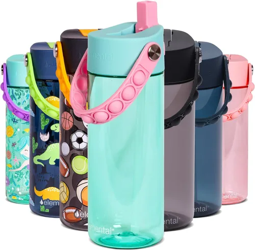 Vista 118 de Elemental Botellas de agua para niños – Botella de agua para niños Splash para la escuela con mango Pop-it – Botella de agua de plástico Tritan sin