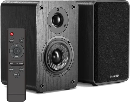 Vista 10 de LONPOO Altavoces Bluetooth para repisa, Altavoces con alimentación de 60W con Bluetooth/AUX-in/Óptica/RCA, Woofer de 4" y Tweeter de 1" (Negro)