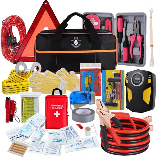 Vista 6 de Kit de emergencia para automóvil todo en uno con inflador digital de neumáticos, cable de puente, correa de remolque, triángulo reflectante, kit