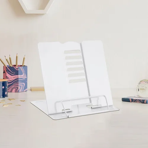 Vista 16 de MSDADA Soporte de escritorio pequeño para libros, soporte de metal para libros de lectura, soporte ajustable para libros de cocina, soporte