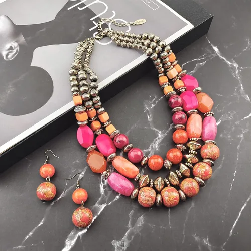 Vista 5 de Bocar Juego de collar y aretes de cuentas gruesas de 3 capas, collar de múltiples capas para mujer