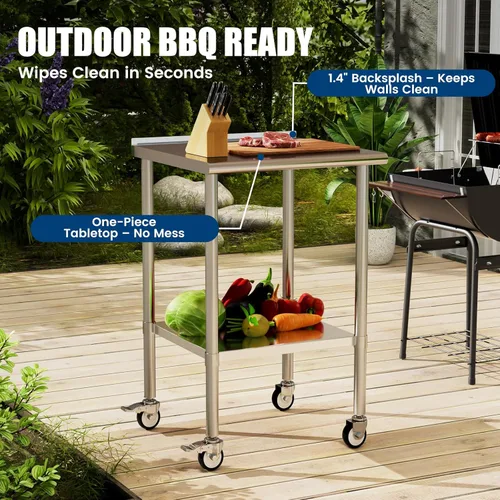 Vista 7 de Mesa de trabajo de acero inoxidable con ruedas, 24x24 pulgadas, mesa de preparación de alimentos NSF con salpicadero y estante inferior ajustable