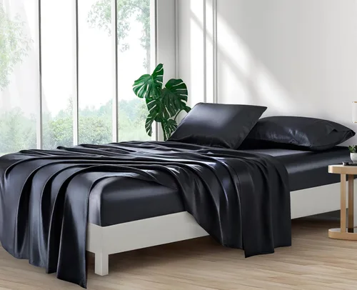 Vista 4 de Lanest Housing Silk Satin Sheets, 3-Piece Twin Size Satin Bed Sheet Set with Deep Pockets, Cooling Soft and Hypoallergenic Satin Sheets Twin - Black