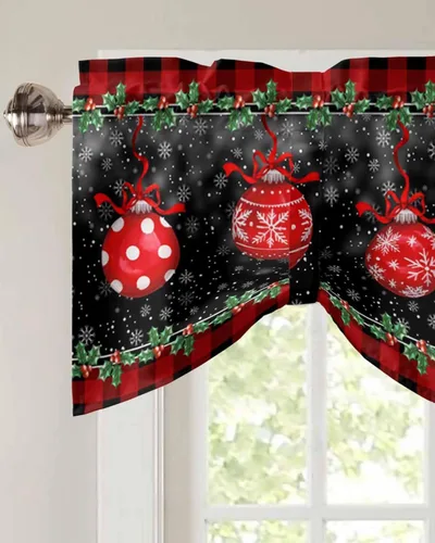Vista 3 de Cenefa de cortina con lazo rojo de Navidad para ventanas, sala de estar, cocina, baño, granja, bolas de Navidad de acuarela con diseño de bayas