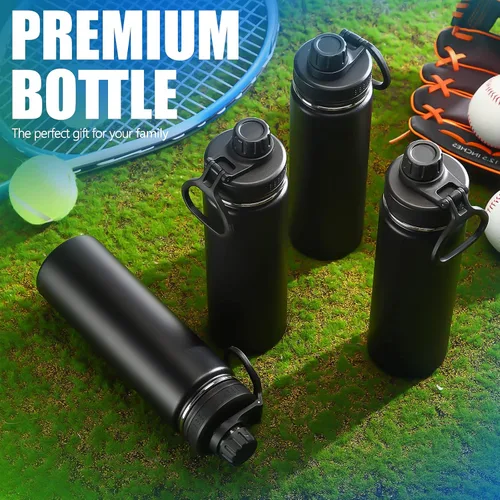 Vista 7 de Paquete de 8 botellas de agua deportivas de acero inoxidable de 22 onzas, botella aislada negra, botella de boca ancha al vacío, con tapa