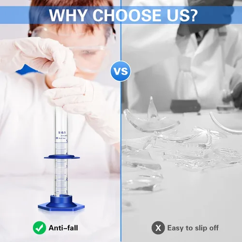 Vista 6 de Cilindro graduado de vidrio grueso para medir líquidos, cilindros de laboratorio con base de plástico antideslizante y protectores de parachoques