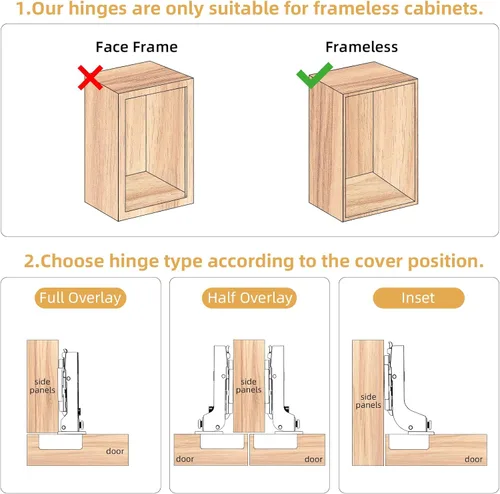Vista 2 de Furniware Paquete de 2 Bisagras de gabinete sin marco de superposición completa de cierre suave, Bisagras europeas de cierre suave con control