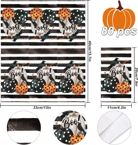 Vista 2 de AnyDesign - Servilleta de papel desechable de 3 capas para invitados de Halloween, toalla de mano con rayas de calabaza y cuervo, servilletas