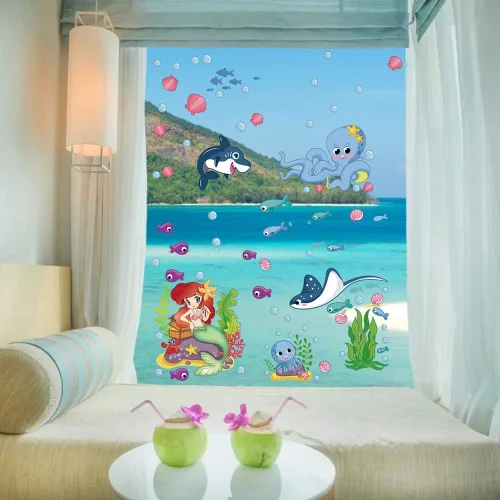 Vista 7 de CCINEE 214 calcomanías para ventana con temática oceánica, diseño de sirena, vida marina, peces, para decoración de fiesta de niños, baño
