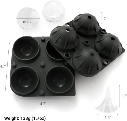 Vista 5 de Bandeja de silicona suave para cubitos de hielo con tapa, bandeja de hielo flexible (4 esferas, negro)