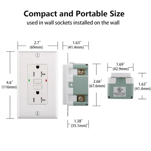 Vista 5 de Wengart GFCI - Salida de 20 amperios, AC125V, resistente a la intemperie, resistente a manipulaciones, indicador LED, falla de tierra eléctrica