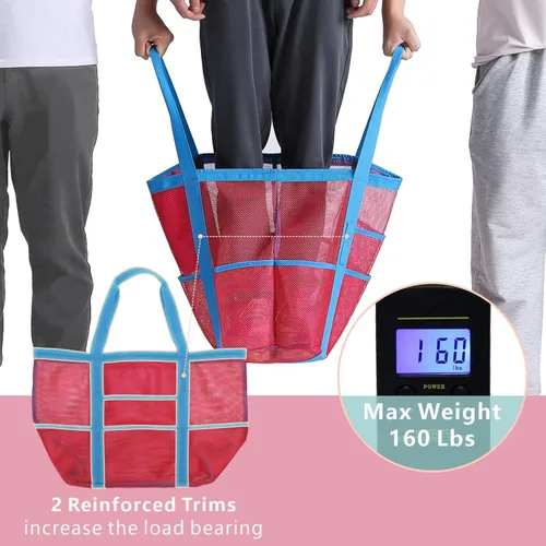 Vista 4 de F-color Bolsa de playa, bolsa de playa de malla de gran tamaño, 9 bolsillos, bolsa de toalla de playa