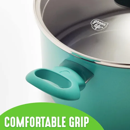 Vista 5 de GreenLife Soft Grip Diamond - Olla antiadherente de cerámica saludable, 6 cuartos de galón con tapa de colador, sin PFAS, apta para lavavajillas