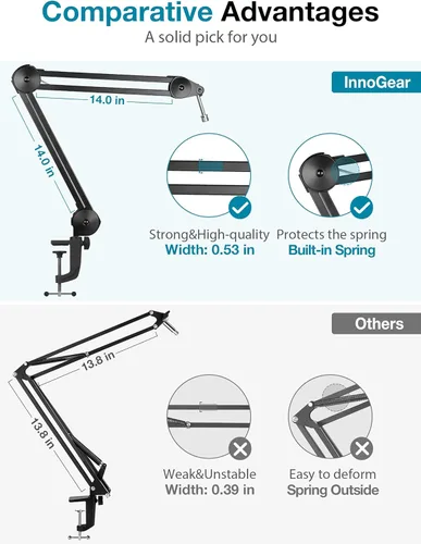 Vista 3 de InnoGear Soporte de brazo para micrófono, tijera de brazo de micrófono de suspensión resistente con clip de micrófono, filtro pop, parabrisas