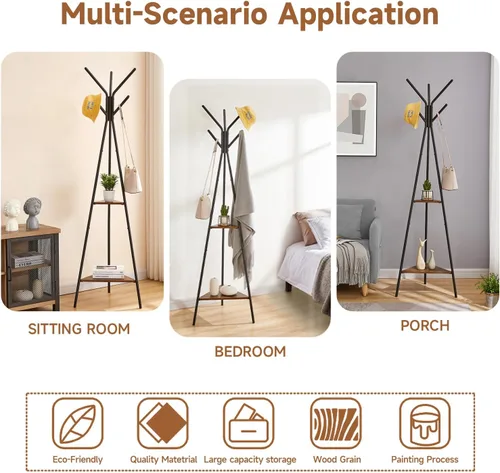 Vista 3 de Perchero independiente, árbol de pasillo con 2 estantes, perchero para sombrero, ropa, bolsa, soporte para entrada, sala de estar, dormitorio