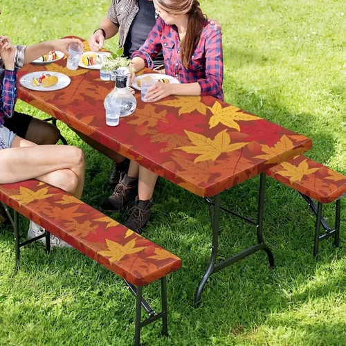 Vista 3 de Juego de 3 manteles rectangulares ajustables con hojas de arce rojas y amarillas para mesa de campamento, borde elástico, cubierta de tela lavable