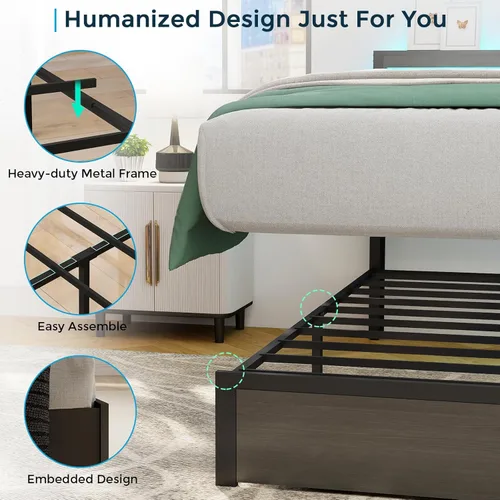 Vista 5 de SADENICEL Base de cama Queen con cabecera de almacenamiento y 2 cajones, marco de cama de plataforma de metal con luz LED, estación de carga,