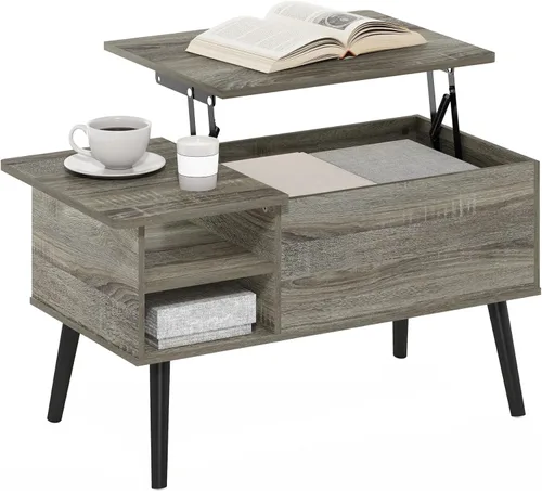Vista 11 de Furinno Jensen - Mesa auxiliar de madera con parte superior elevadora de patas con compartimento oculto y estante lateral abierto para sala