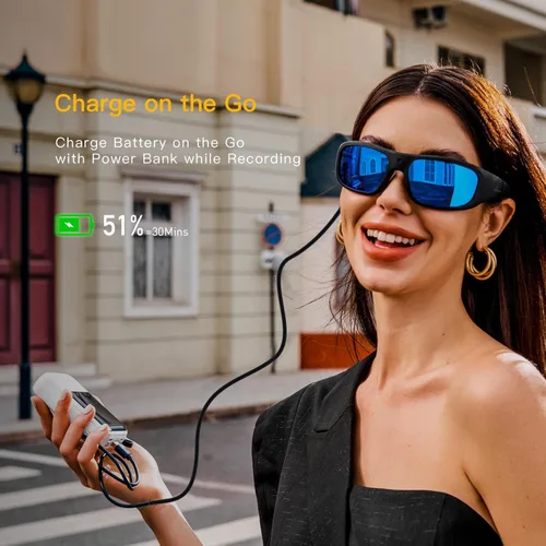 Vista 3 de OhO - Lentes de cámara, súper delgados 1080P, lentes inteligentes con lentes de sol UV400 para deportes al aire libre, Marco negro - Lente azul