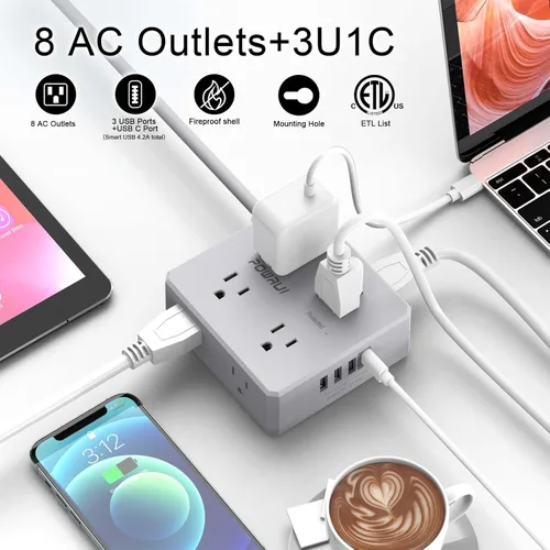 Vista 2 de Protector contra sobretensiones Multicontacto - Cable de extensión de enchufe plano de 6 pies con 8 salidas amplias y 4 puertos USB (1 USB C)
